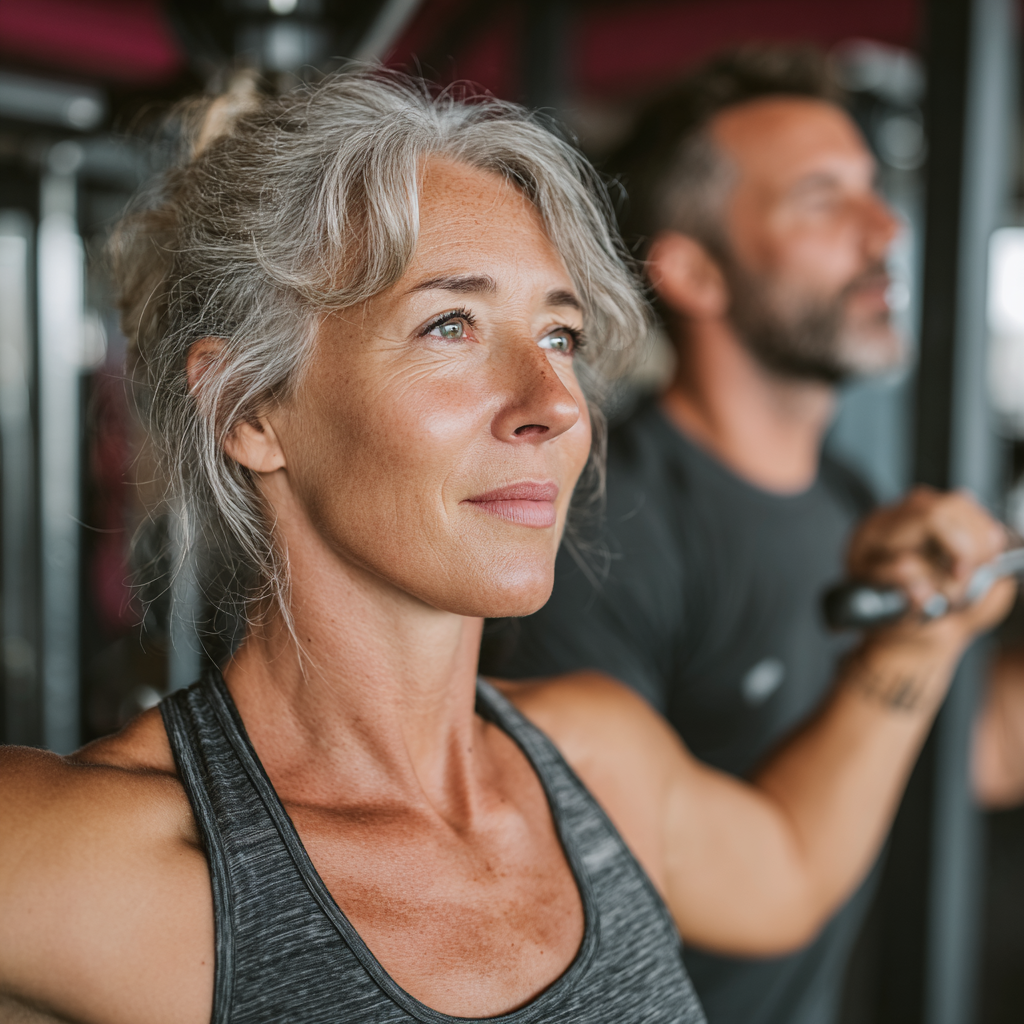 Mature woman in her early 50s performing strength training with a personal trainer in a well-equipped gym, showing proper technique and focus, both appearing professional and motivated